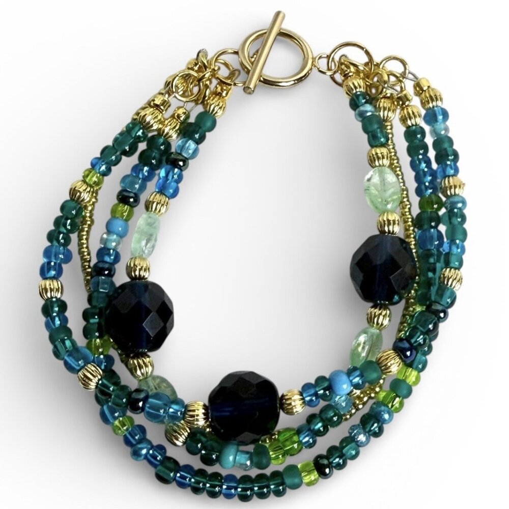 Reimagined Glass Bead Bracelet Blue Green Gold Tone